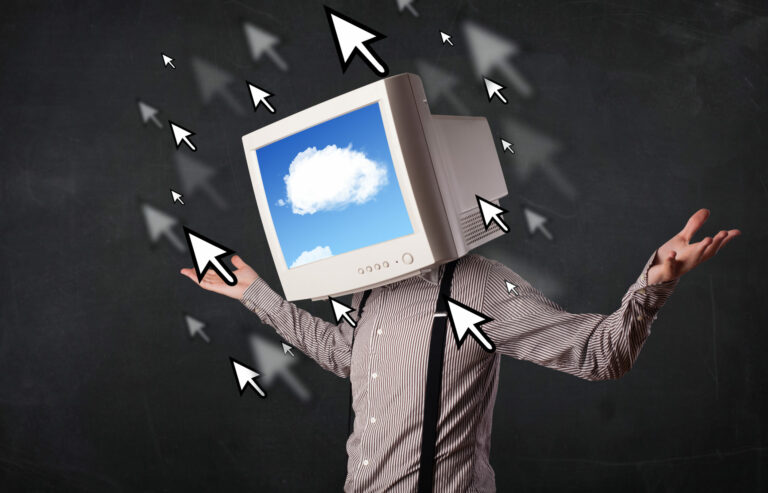 Business man with a monitor on his head, cloud system and pointe