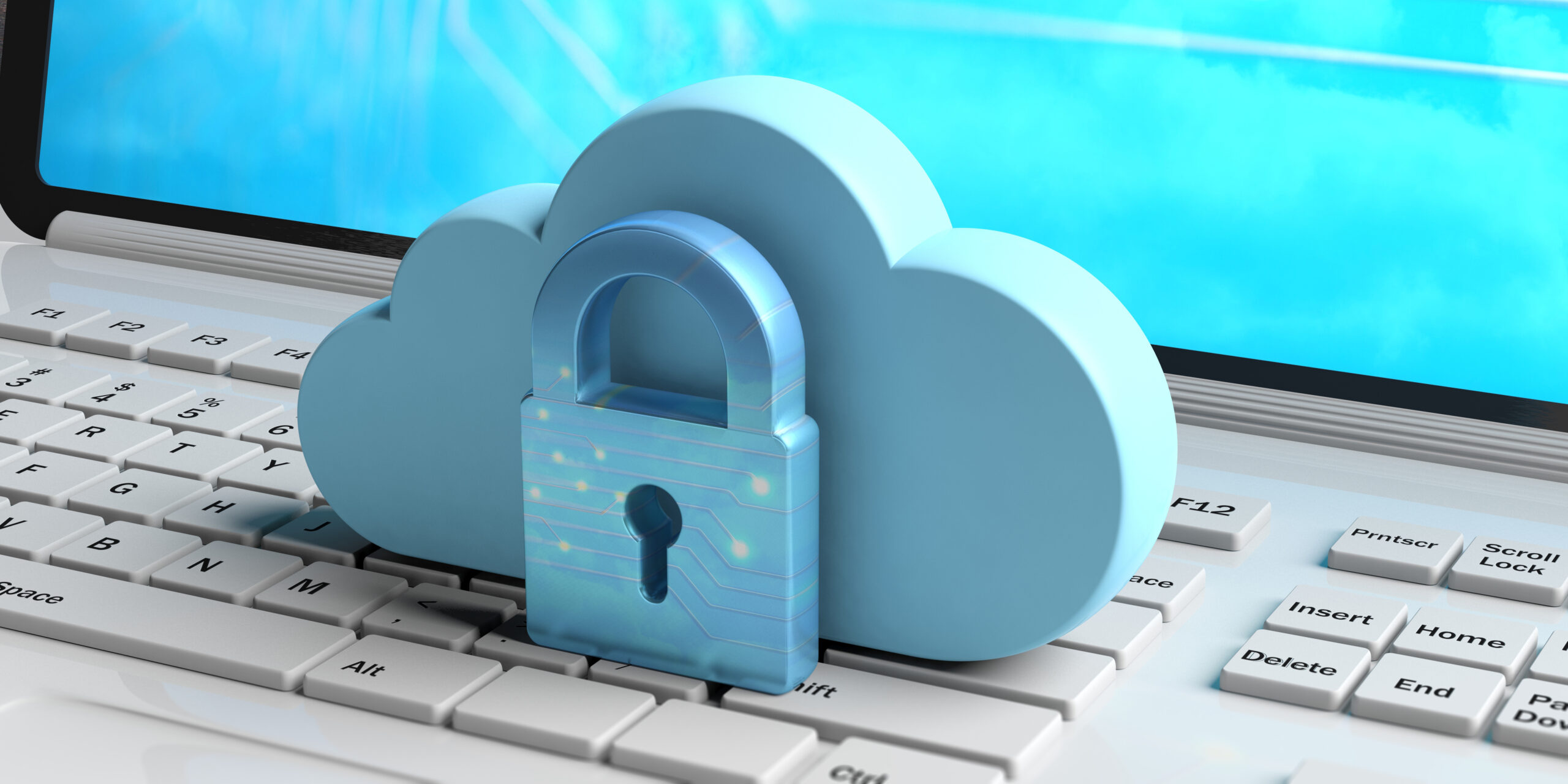 Cloud computing and cyber security, data protective shield. Blue cloud and padlock on a computer. 3d illustration