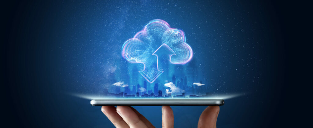 Creative background, male hand with the phone, the image of the hologram of the cloud, blue background. The concept of cloud technology, cloud storage, a new generation of networks. Mixed media.